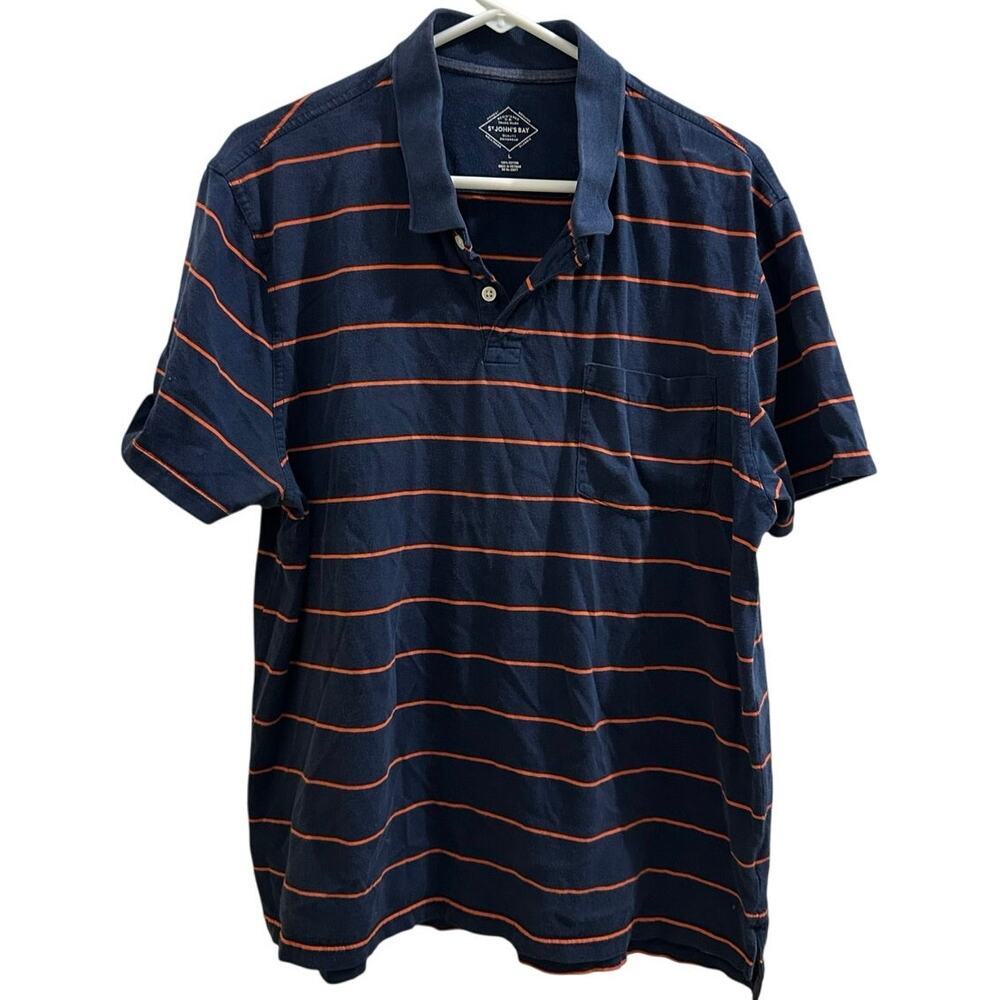 St. John’s Bay Navy Orange Striped Cotton Men's Polo Business Casual Shirt L !